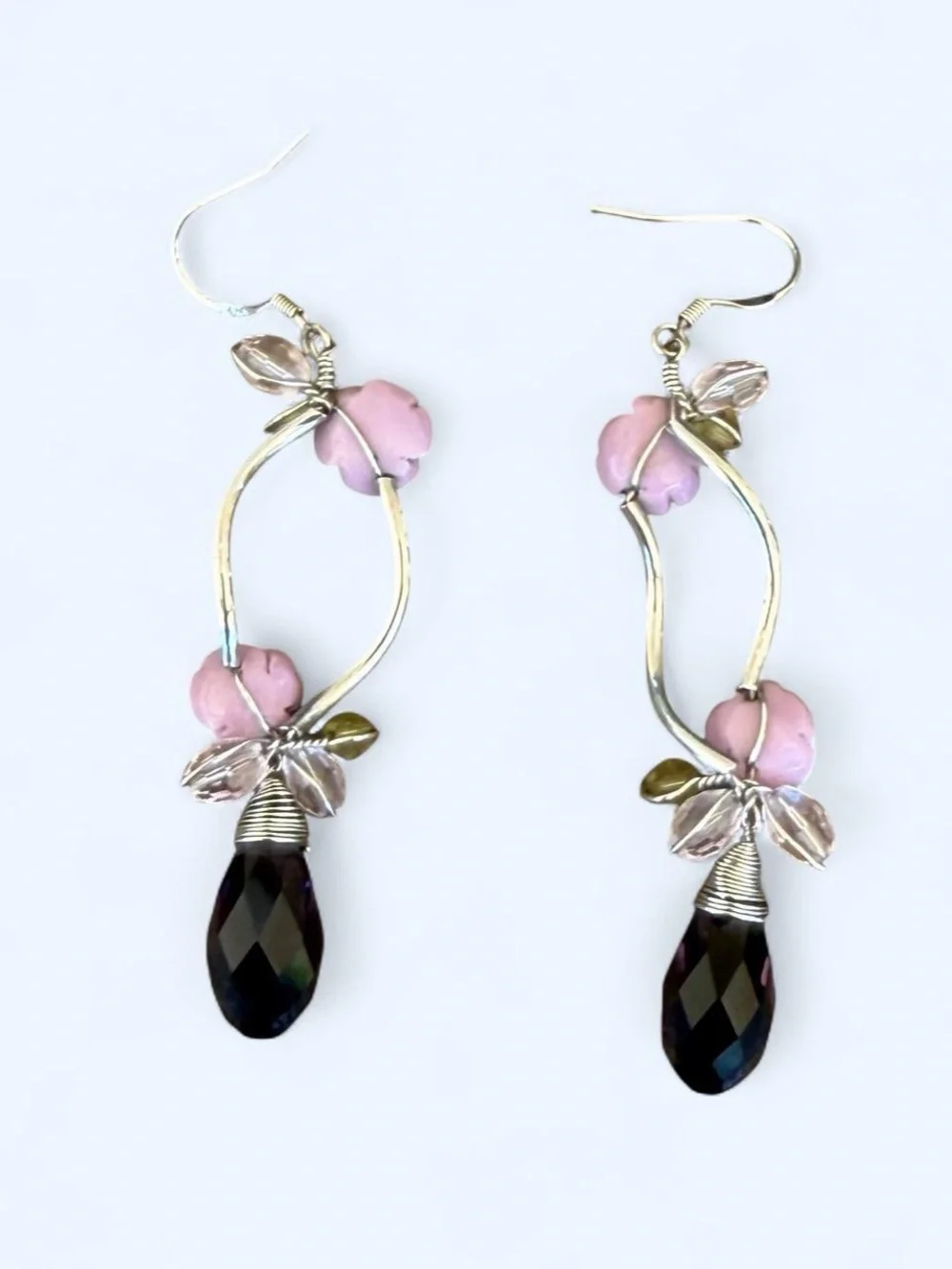 Handcrafted 925 Sterling Silver Pink Rose Purple Crystal Drop Dangle Earrings